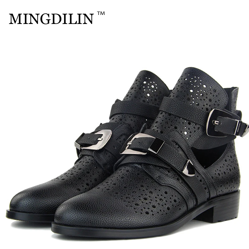 

MINGDILIN Women's Summer Ankle Boots Woman Martin Boots Plus Size White Chelsea Boots Metal Decoration Hollow out Summer Shoes