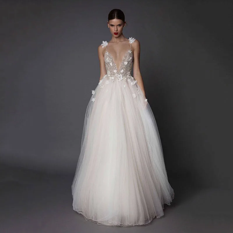 

2019 Bling Evening Dress Flower Appliques Tulle Beading Prom Dresses A-line Backless Evening Party Dress V neck Sleeveless