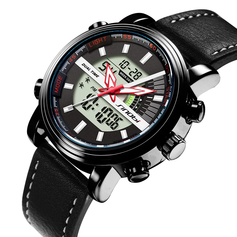 

Chronograph Quartz New Digital Watches Men Leather Wristwatch Men Waterproof Sports Running Watch Geneva Dual Time Clock SINOBI