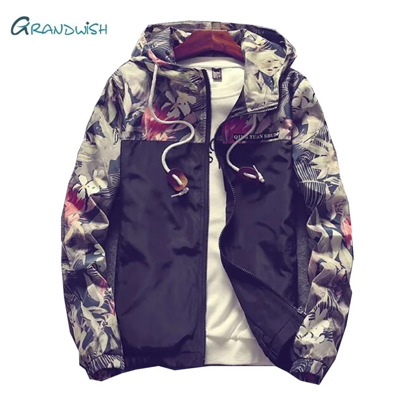 Grandwish Floral Jacket 2018 Autumn Mens Hooded Jackets Slim Fit Long Sleeve Homme Trendy Windbreaker Coat Drop Shipping,DA758