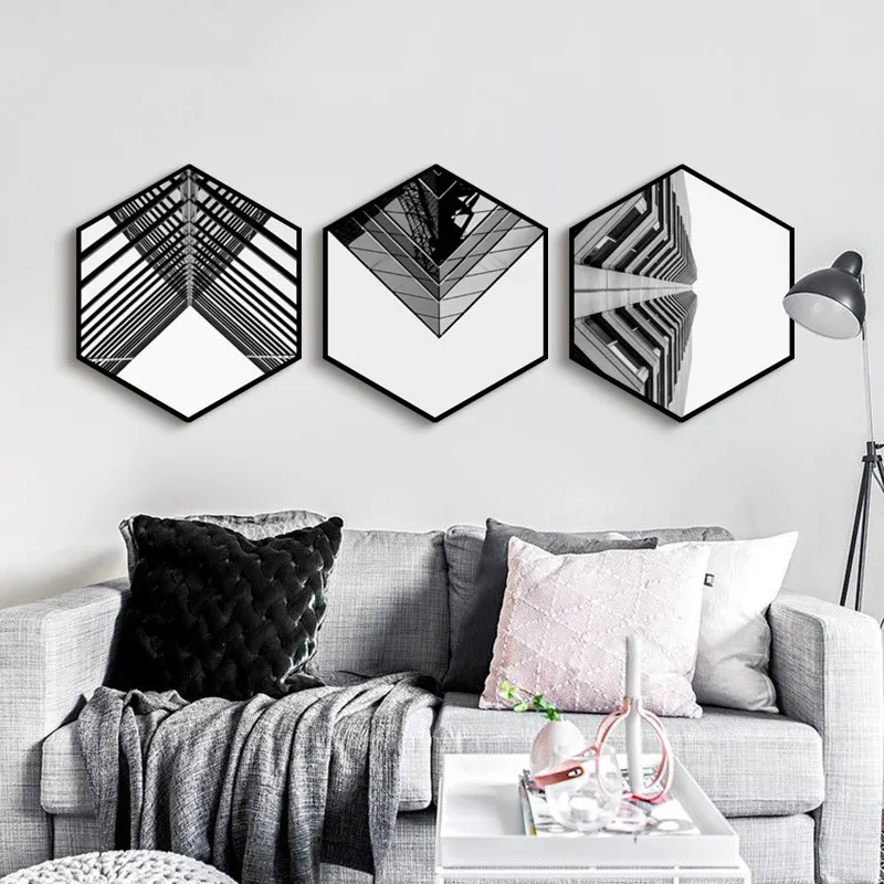 

Modern decorative painting Black and White art building Living room sofa bedroom bedside painting Creative hexagonal mural frame