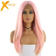 Эффектом деграде(переход от темного к розового золота Цвет Синтетические волосы на кружеве синтетические парики из натуральных волос для Для женщин X-TRESS длинные шелковые прямые Синтетические волосы на кружеве al Косплэй парик средняя часть