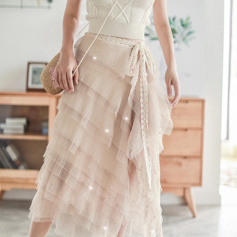 

Summer Women Casual Skirt Vintage Elegant Slim Irregular Lace Waist Mesh Long Skirt Exquisite Small Bright Diamond Cake Skirt