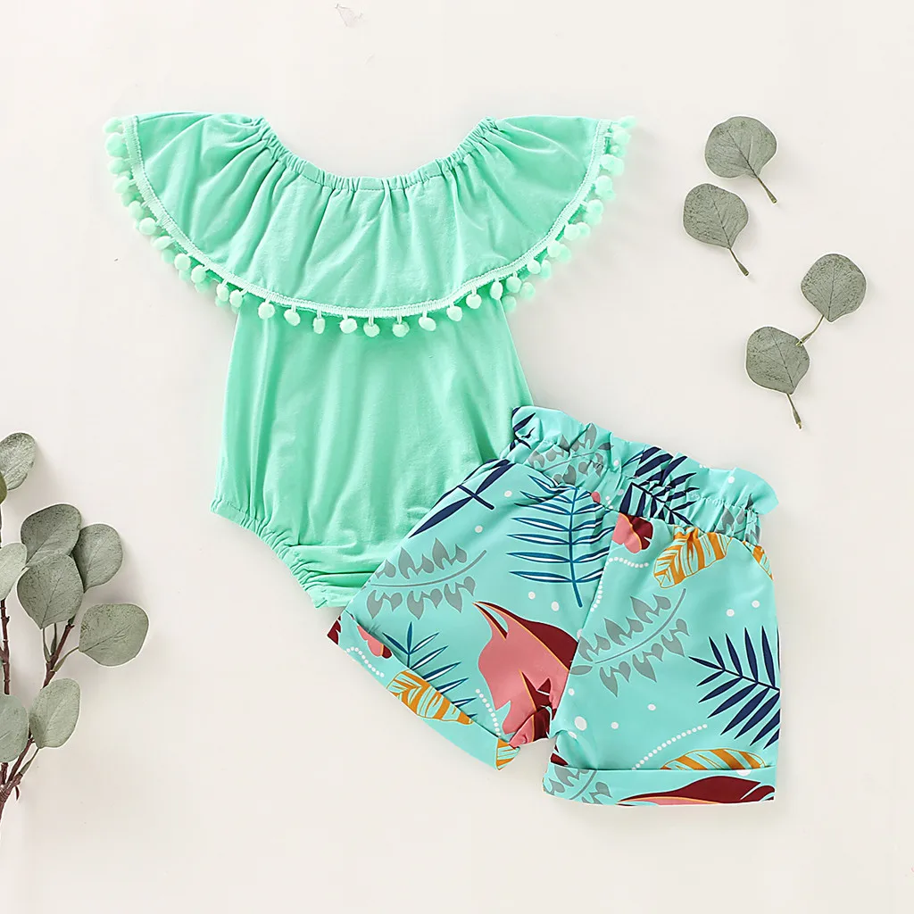 Одежда для новорожденных девочек и малышей с оборками с бахромой с комбинезон с цветочным принтом и шорты, летняя одежда зеленого цвета, комплекты детской одежды из 2 предметов 6-24 мес
