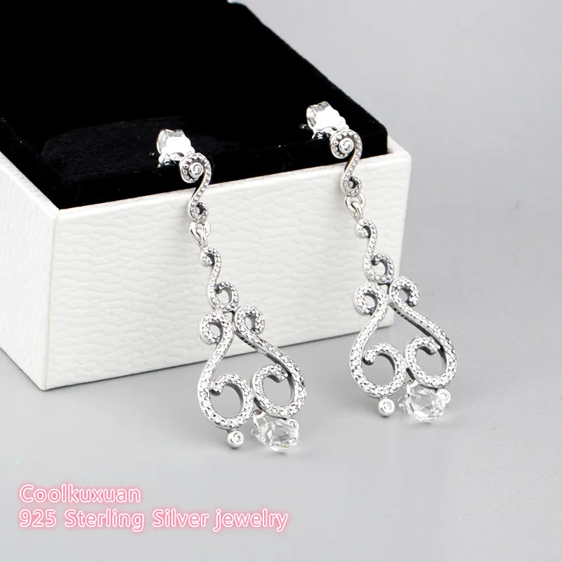 

2019 Spring 100% Authentic 925 Sterling Silver Earrings for Women Swirling Chandeliers Earrings with Clear CZ Fine Jewelry