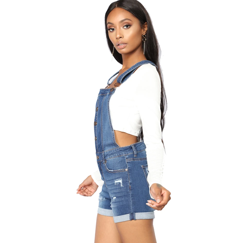 LORDXX Women's Denim Overall Shorts, Blue Button-Down Summer Romper with Roll-Up Cuffs image 3