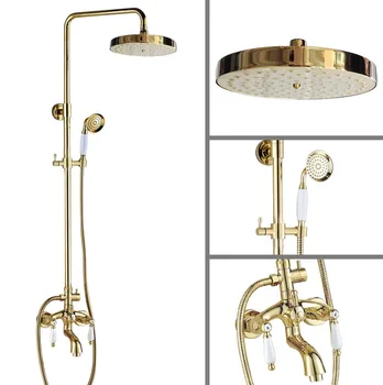 

Luxury Polished Gold Color Brass Dual Ceramic Handles Levers Bathroom Round Rainfall Shower Faucet Set Bath Tub Mixer Tap mgf435