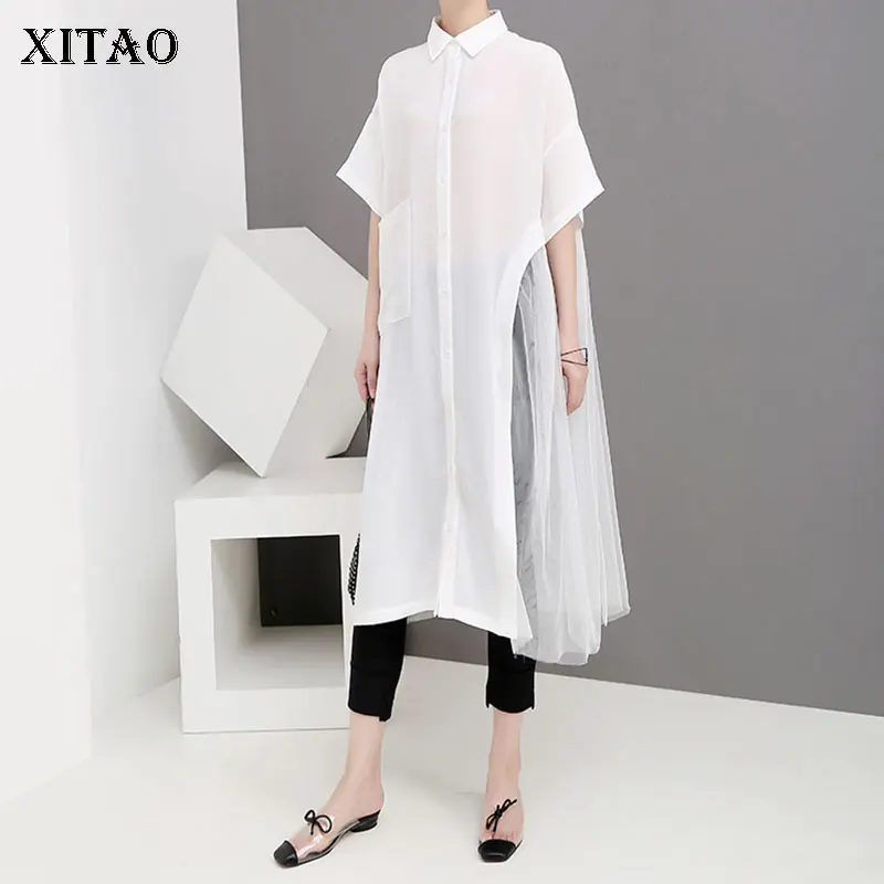 

XITAO Cardigans Perspective Blouse Women Turn Down Collar Button Puff Sleeve Patchwork Mash 2019 Summer Wild Joker WLD1591