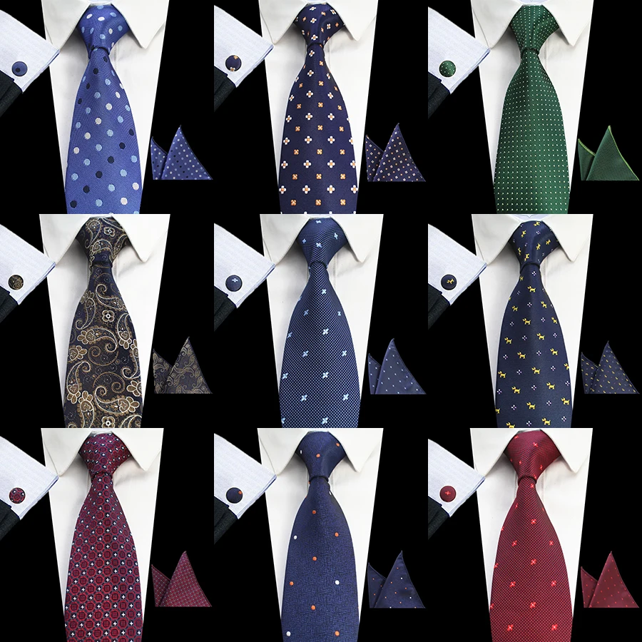 8cm Tie Sets For Men Plaid Dot Paisley Tie Handkerchief Cufflinks Sets Business Wedding Party