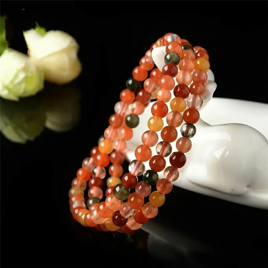 

6mm Genuine Natural Colorful Rutilated Quartz Gemstone Bracelets For Women Party Stretch Crystal Round Bead Three Laps Bracelet