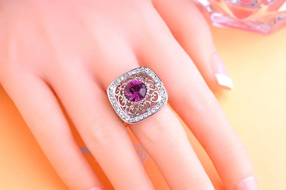 Blucome новые квадратный фиолетовый кристалл серьги кольцо комплект ювелирных изделий для девочек Для женщин свадебное платье для торжеств вечерние аксессуары лучший подарок