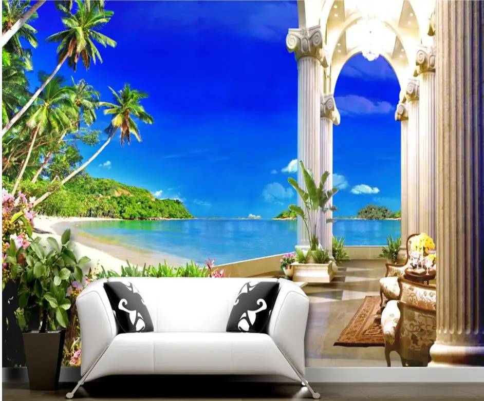 beautiful scenery wallpapers European-style balcony sea view coco beach space expansion 3D background wall beautiful scenery wallpapers European-style balcony sea view coco beach space expansion 3D background wall