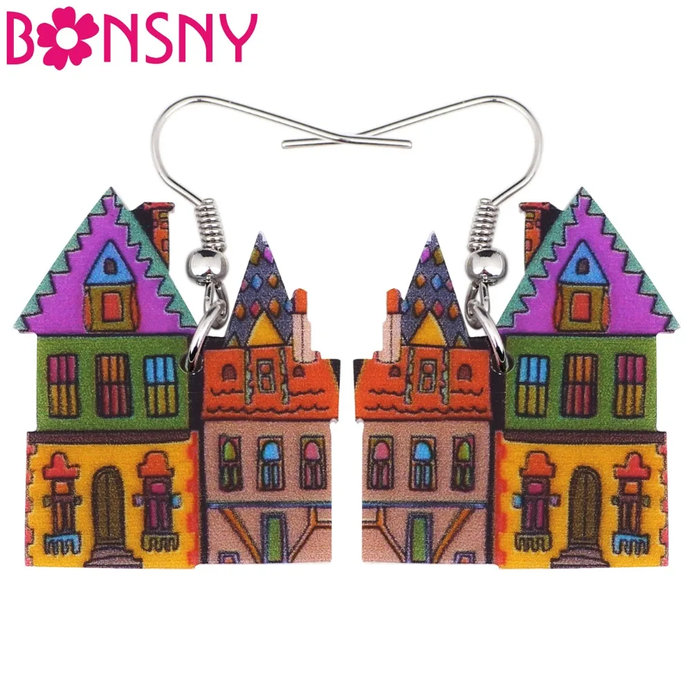 

Bonsny Acrylic Floral Cartoon House Earrings Drop Big Long Dangle Fashion Novelty Jewelry For Girl Women Wholesale Accessories