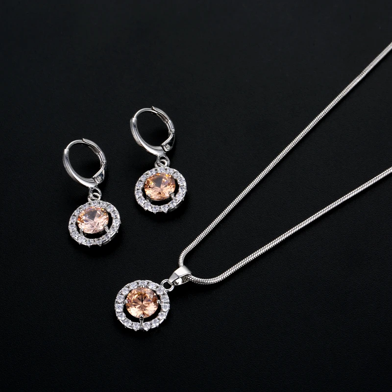 

Bride Round Crystal Zircon 925 Steling Silver Two-piece Ear Jewelry Set Stud Earring Necklace Pendant M01-JS0027