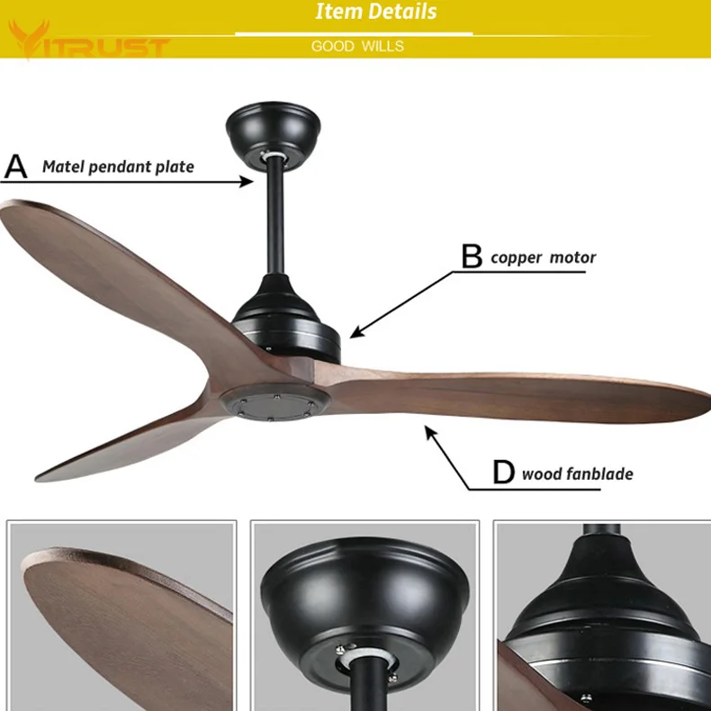 Потолочный вентилятор с дистанционным управлением из твердой древесины, бронзовый потолочный вентилятор для кухни, патио