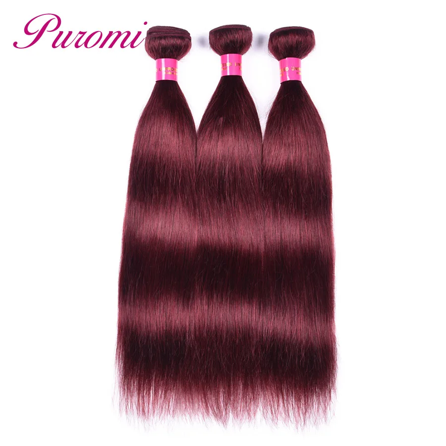 Puromi Malaysian Straight Hair 3 Bundles Double Weft Wine Red Pure Color 99j# Non-Remy 100% Human Weave Free Shipping | Шиньоны и