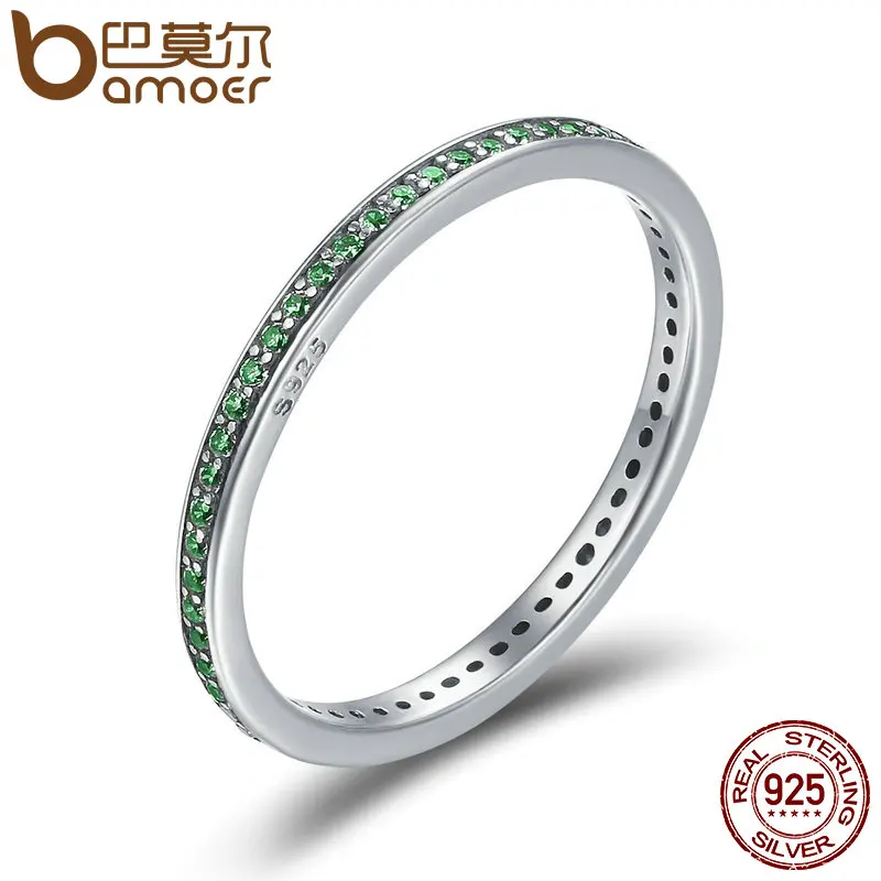 

BAMOER Real 925 Sterling Silver Luminous CZ Light Green Round Female Finger Rings for Women Engagement Jewelry SCR230