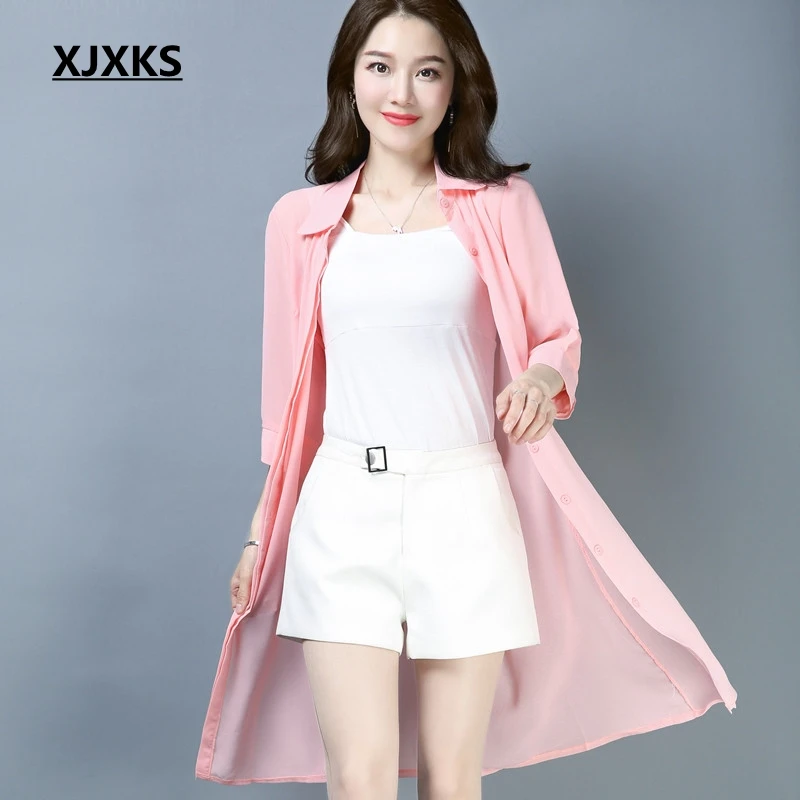 

XJXKS Women Summer Coat Sun Protection Clothing Solid Casual Loose Long Chiffon Cardigan Blouse Top Sunscreen Clothing