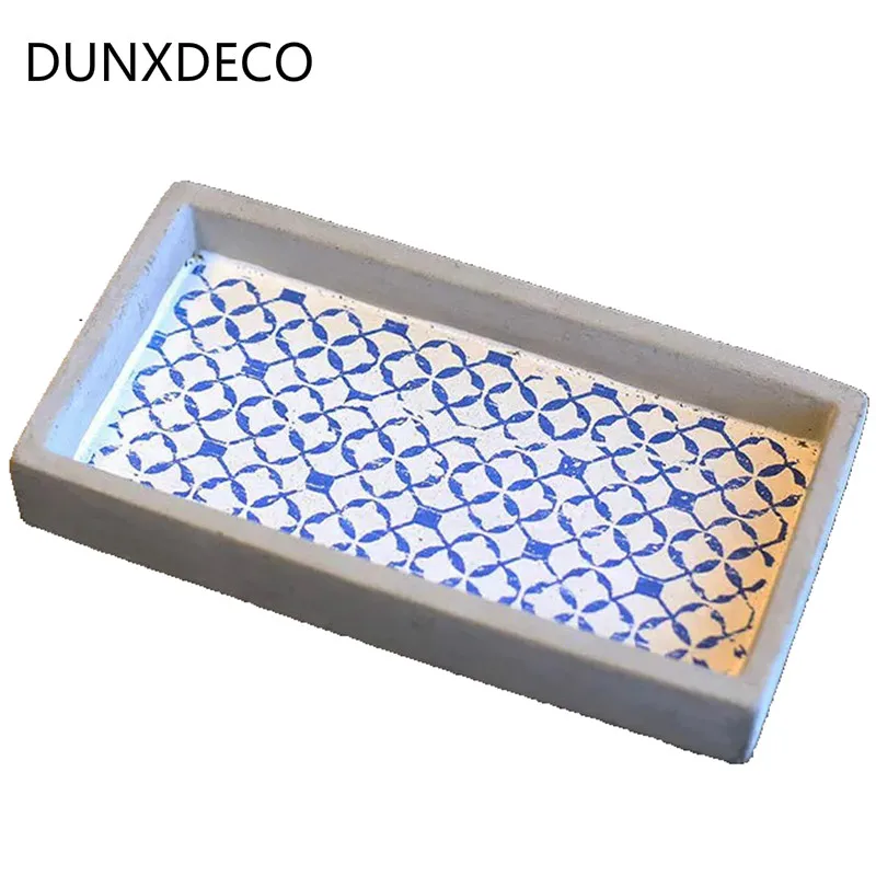 

DUNXDECO Home Office Storage Vintage Tray Plate Key Accessories Glass Cosmetic Holder Artistic Nordic Simple Cement Container