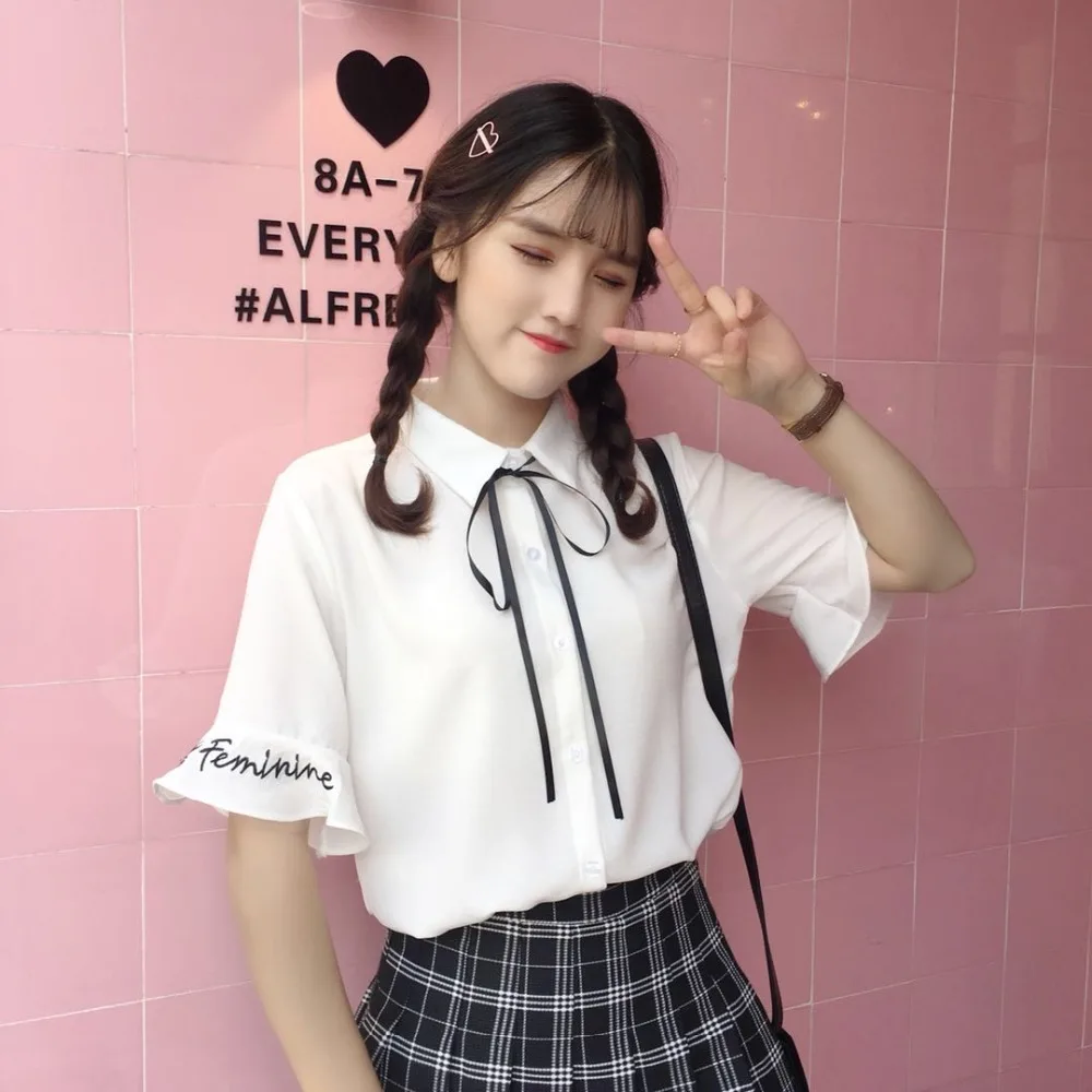 new summer Sweet women's shirts little fresh bow Turn down