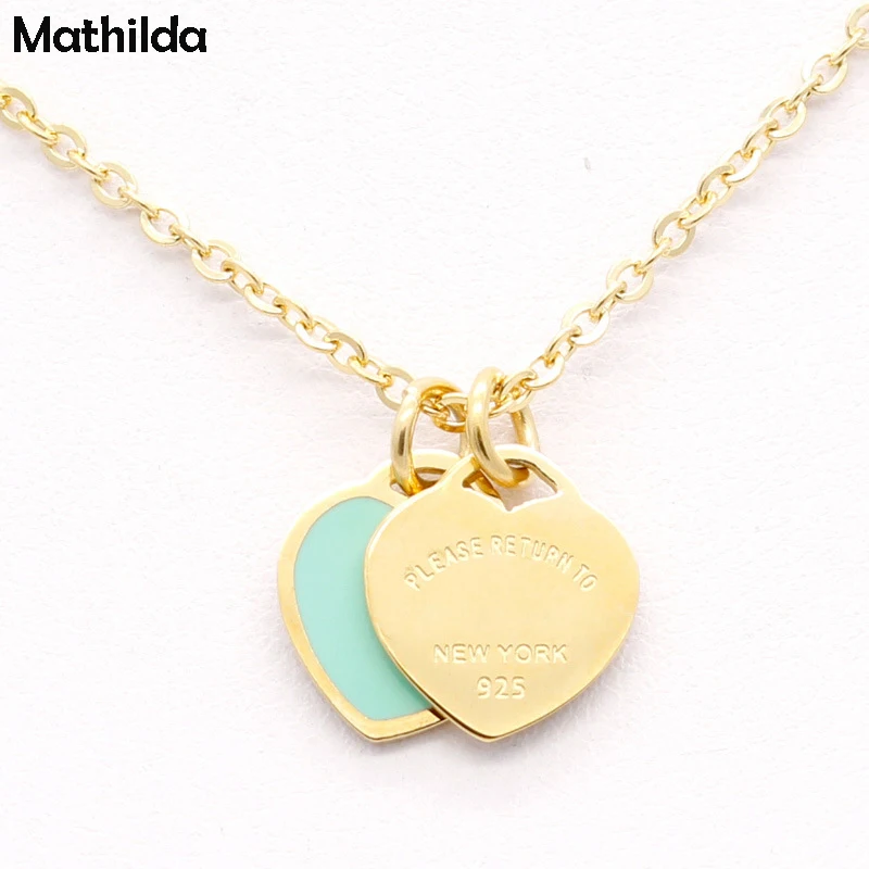 

Sparkling Double Heart Pendant Necklace Gold Color Stainless Steel Clavicle Charms Fashion Statement Necklace For Women RX094