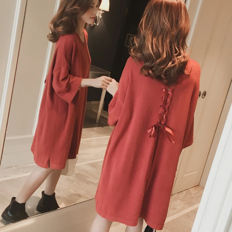 Maternity Knit Plus Size Dresses for Pregnant Women Back Bowknot Loose Korean Fashion Sweater Dresses Pregnancy Clothes 3colors Maternity Knit Plus Size Dresses for Pregnant Women Back Bowknot Loose Korean Fashion Sweater Dresses Pregnancy Clothes 3colors