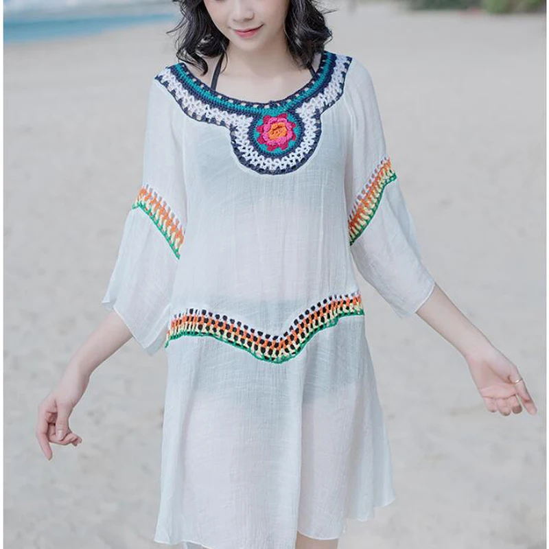 

New Cover-Up 2018 Summer Women Bikini Cover-Up O-Neck Loose Chiffon Beach Tunic Bathing Suit Ladies Blouse Female Mujer T0177