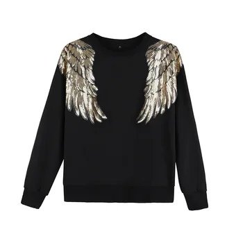 

2019 Spring Autumn Women's Sweatshirts Pullover Loose Wing embroidery Long Sleeve Sequins Round Neck Weater Tee Women