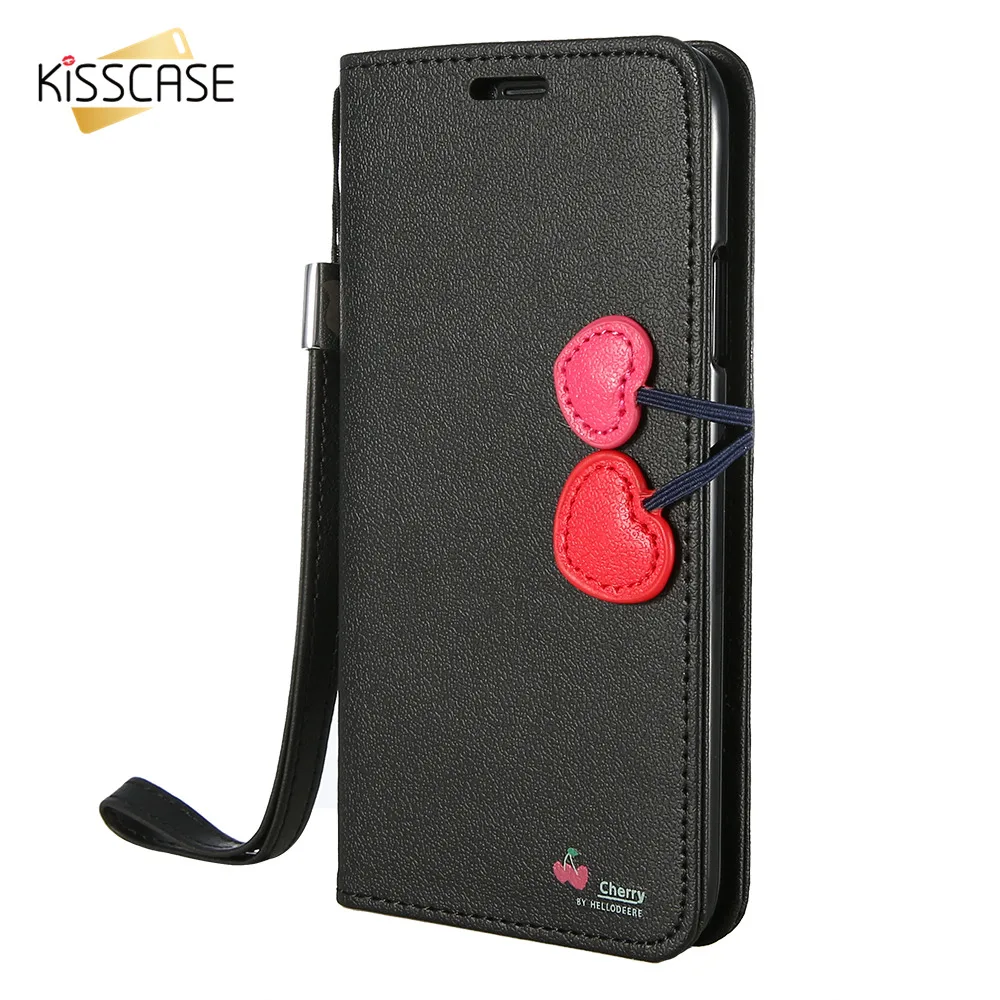 KISSCASE For iPhone X Case Cherry Cute Girls Flip Leather ...