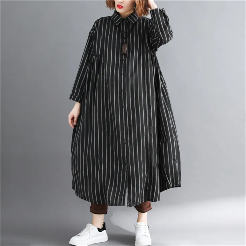 Черный Большие размеры 4XL, весна-осень, женские модные элегантные полосатые топы, женские, большие, длинные, хлопковые, льняные кардиганы, блузка, рубашка - Цвет: Черный