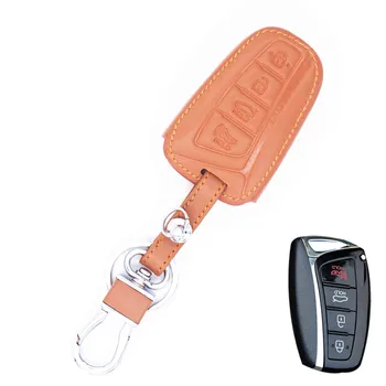 

Brown Leather 4 Buttons Smart Key Chain Holder Cover Case For Hyundai Sonata Genesis Elantra Ix35 Tucson Azera Equus Santa Fe