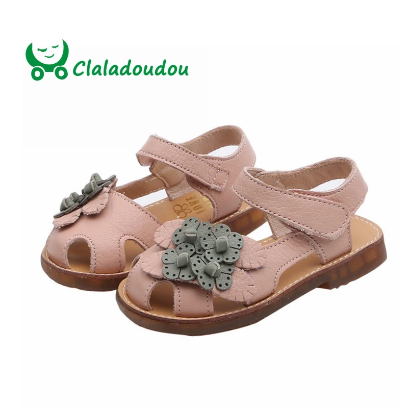 

Claladoudou13.5-15.5CM Princess Flower Kids Beach Sandals Closed Toe Pink Beige Sandals For Kids Soft Sole Girl Toddlers Sandal