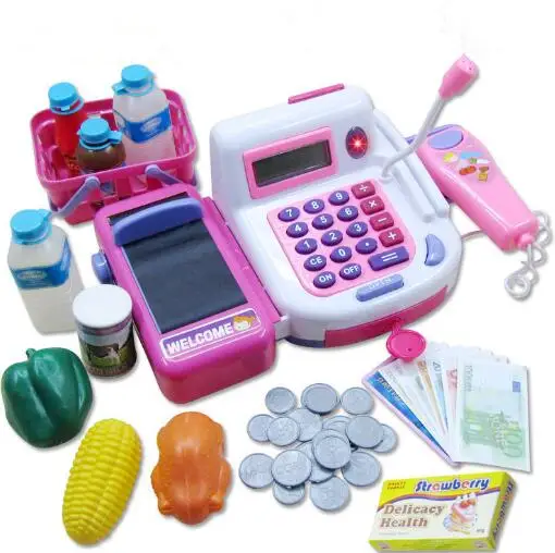 

Kids Supermarket Cash Register Electronic Toys with Foods Basket Money Children Learning Education Pretend Play Set