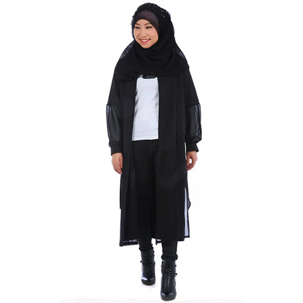 

Autumn Women Summer Loose Retro Chiffon Full Sleeve Solid Color O-Neck A-Line Muslim Outwear