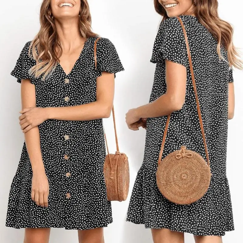 Women Fashion Retro Printed Dress Women short Sleeved V-Collar Front Button Ruffle Hem Sundress Collar Casual Slim Floral Dresse