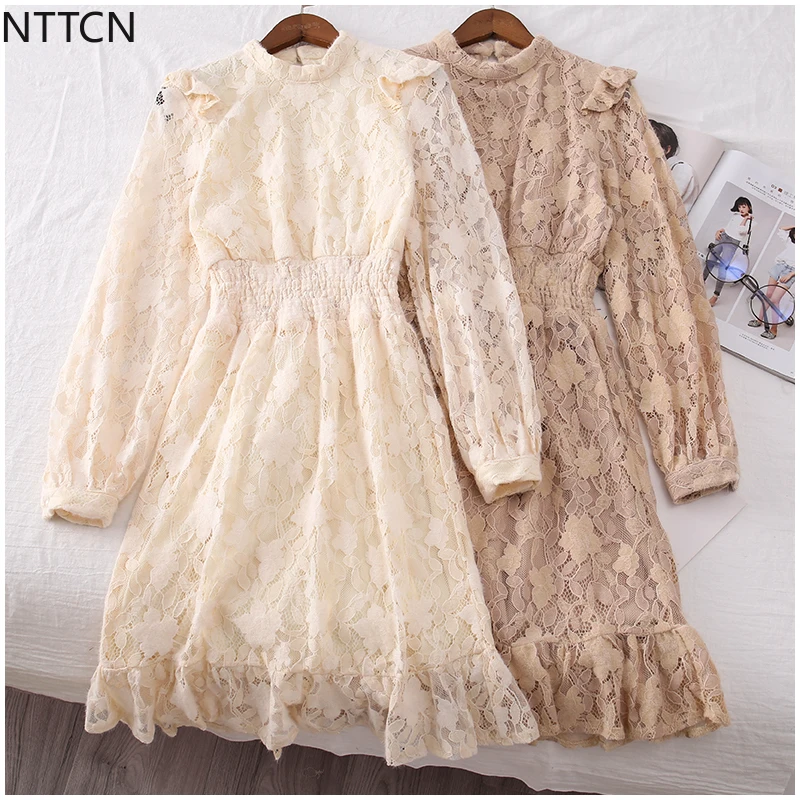 

Dress 2019 Summer Fashion Lace Hook Flower Dress Female Korean Edition Long Fairy Lace Dress Vestidos O-Neck