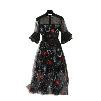 

2019 Celebrity Short Print Flare Sleeve O Neck Dress Sexy Women Embroidery Patchwork Night Club Body con Party Dresses Wholesale