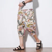 Бежевые и белые летние пляжные шорты в национальном стиле из хлопка и льна, Короткие штаны-шаровары, свободные дышащие шорты с принтом и завязками, 5XL