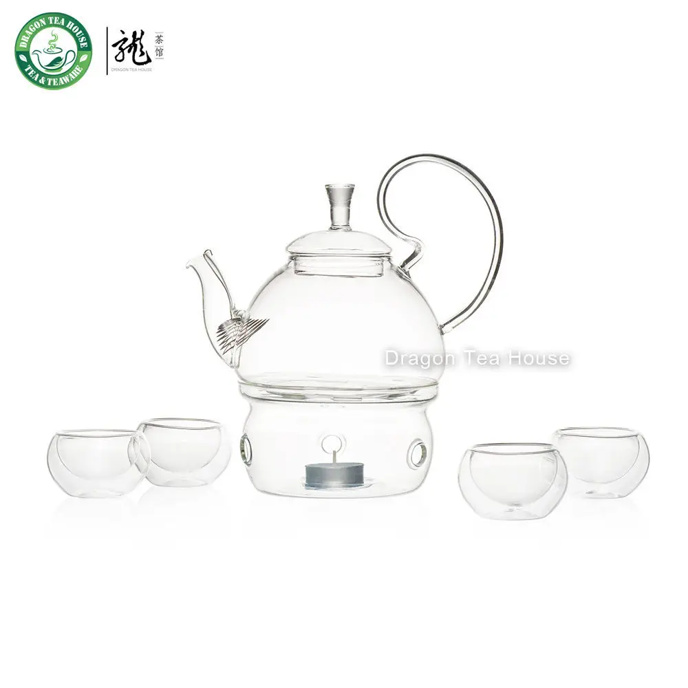 Clear Glass Tea Set Teapot with Filter Warmer Four Double Wall Teacups