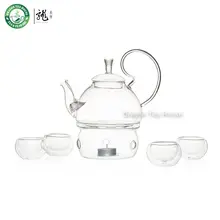 Klarglas Tee-Set Teekanne mit Filter & Wärmer & Vier Doppelwandige Teetassen