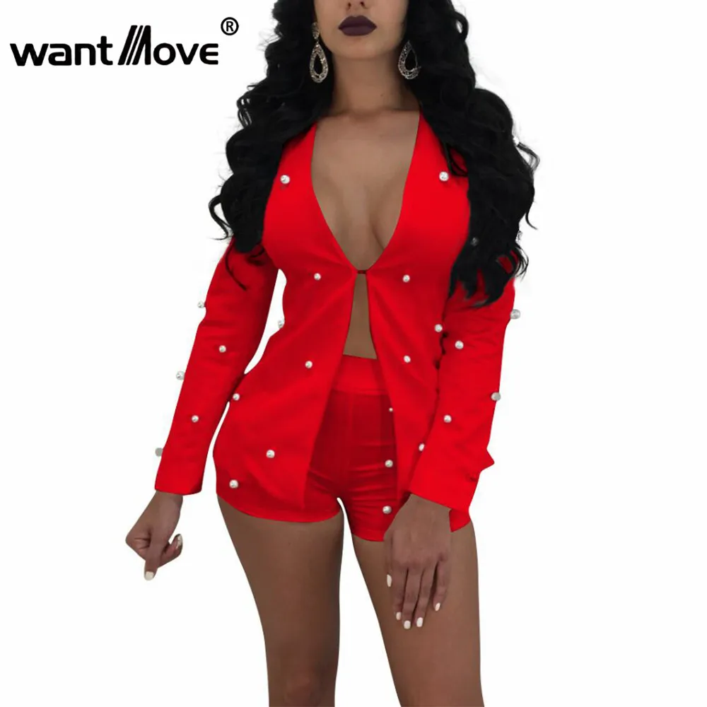 

Wantmove S-2XL beading pearls women summer short sets sexy trend long sleeve deep v veck top shorts sets club casual wear WM136