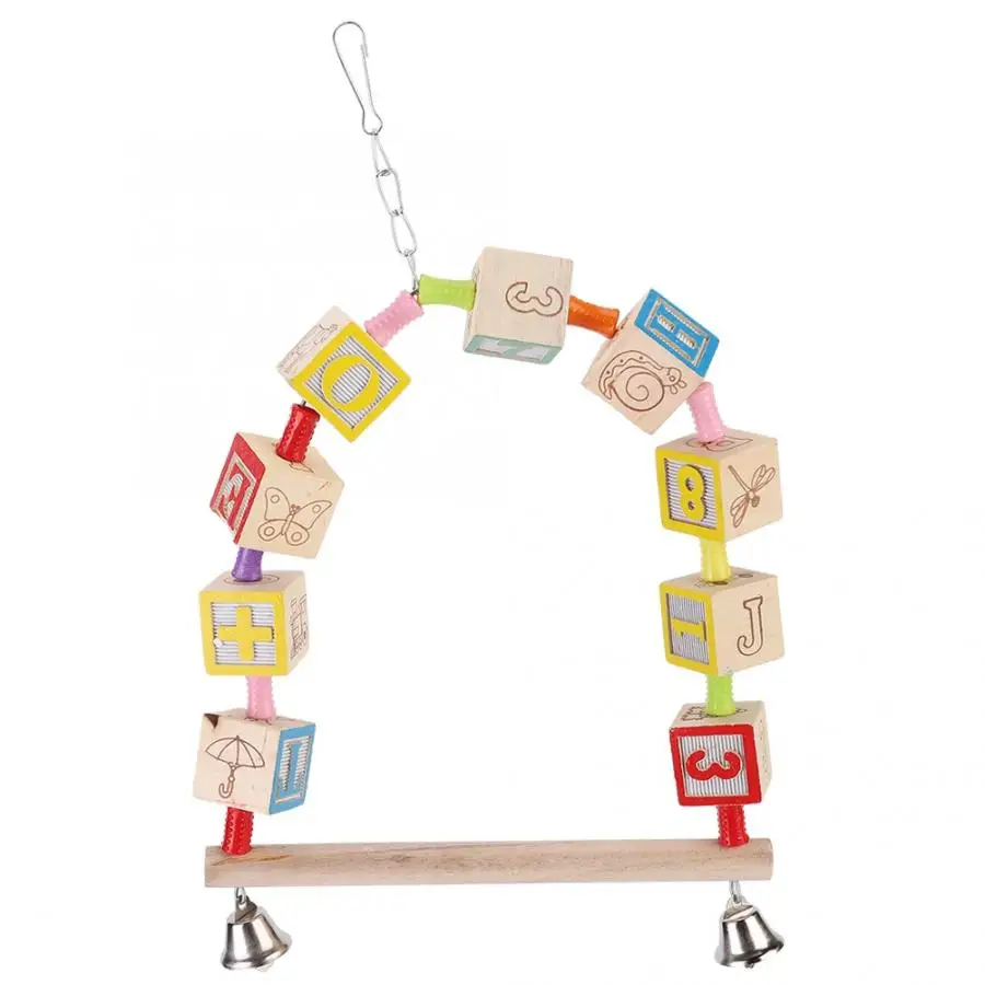 Wooden Birds Parrot Swing Toy Hammock Cage Perch Play Stand with Bells Budgie Cockatiels