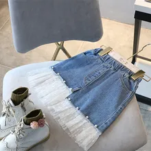 2019 Children Girl Skirts New Fashion High Quality Spring Kids Denim Jeans Lace Mesh Pearl Patchwork Princess Skirt For 2-7Yrs