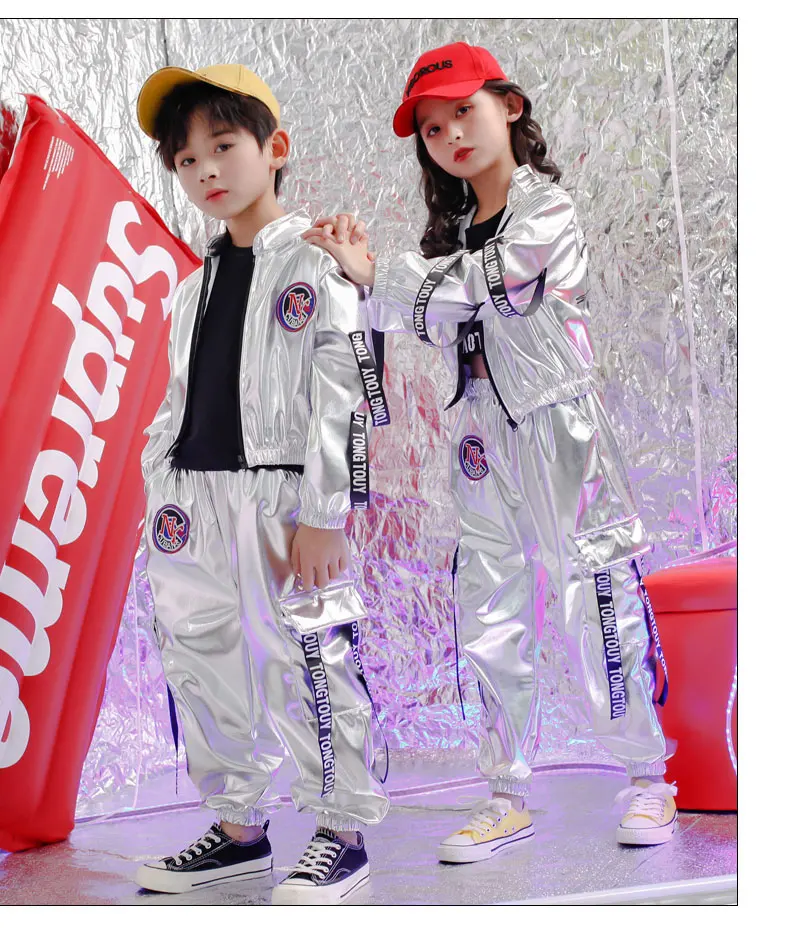 Детская одежда в стиле хип-хоп для девочек и мальчиков, топы на бретелях, рубашка куртка из искусственной кожи короткие штаны костюм для джазовых танцев Одежда для бальных танцев