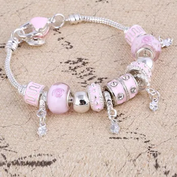 Pink Crystal Charm Silver Bracelets & Bangles for Women  Beads Silver Bracelet Femme Jewelry 2