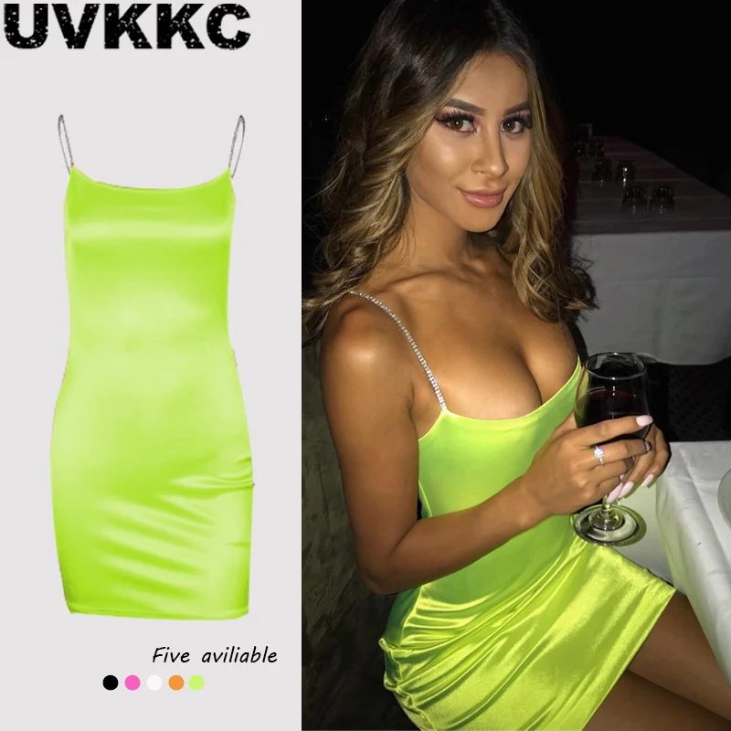 

Uvkkc Women Sexy Dress 2019 Summer Female Vestido Diamond Strap High Waist Bodycon Sexy Club Solid White Midi Dress For Women
