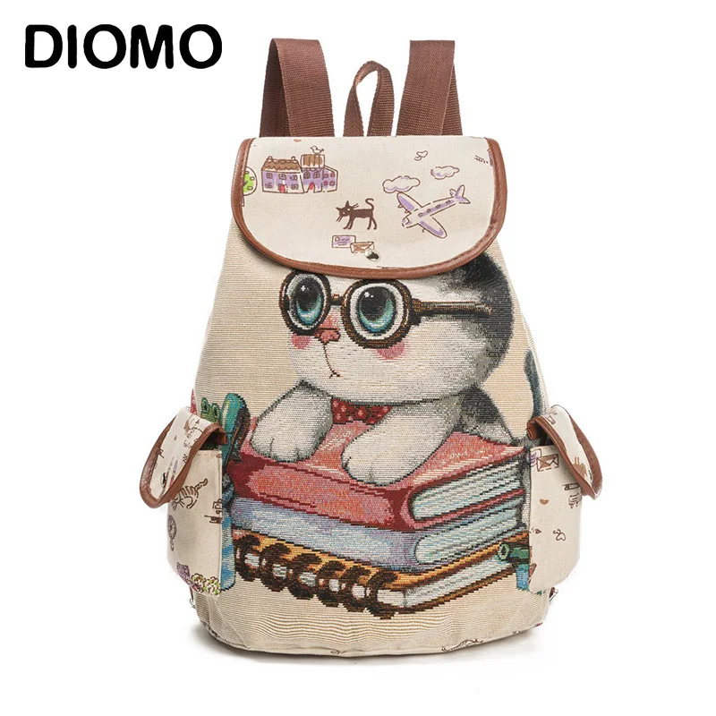 

DIOMO cute cat fashion Printed Backpack canvas large bag rucksack women bookbag for college girl travel bagpack female sac a dos