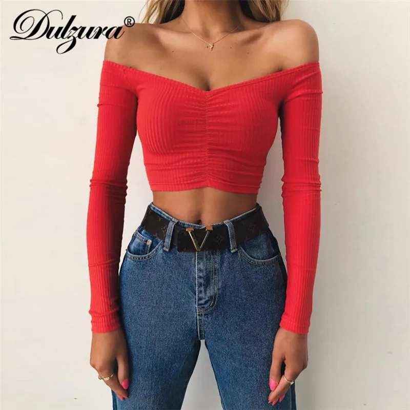 red cropped long sleeve shirt