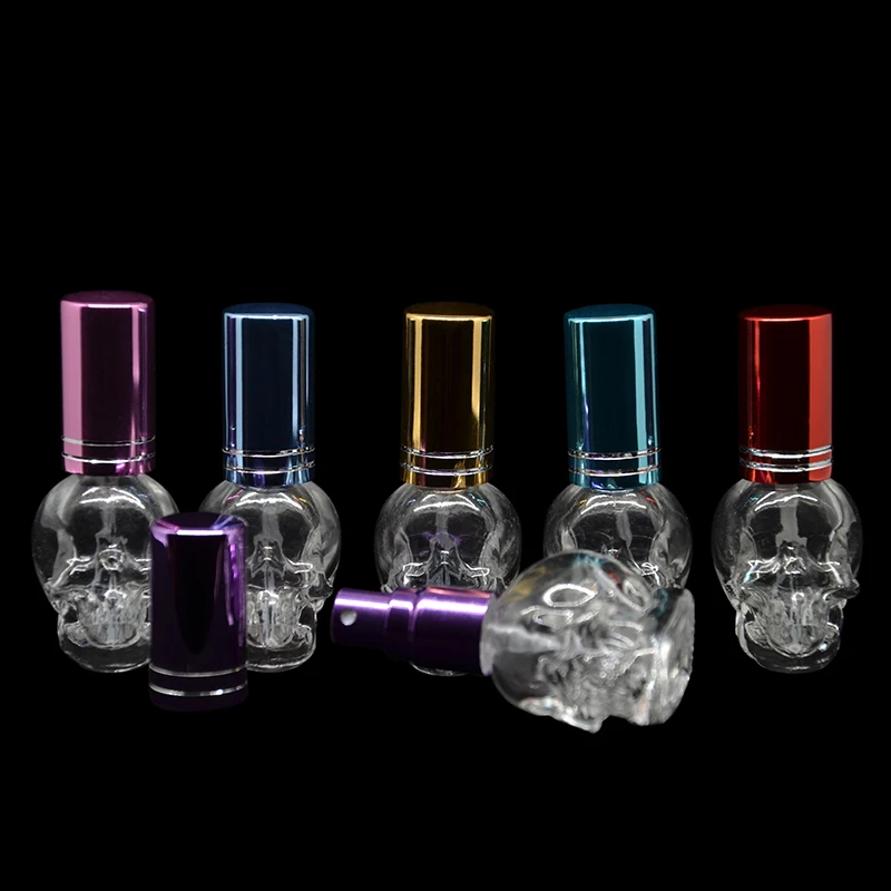 

8ML Special Skull Shape Glass Perfume Bottle With Colorful Hat Beautiful Empty Glass Spray Cosmetic Bottle Replenishment fr