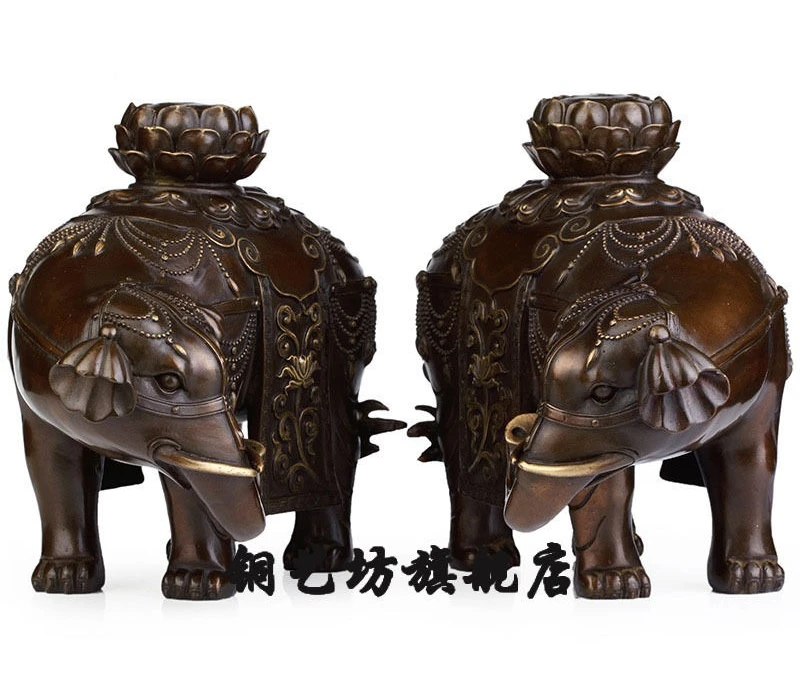 

9'' China Bronze Fengshui Lucky Elephant Lotus Candlestick Holder Statue A pair